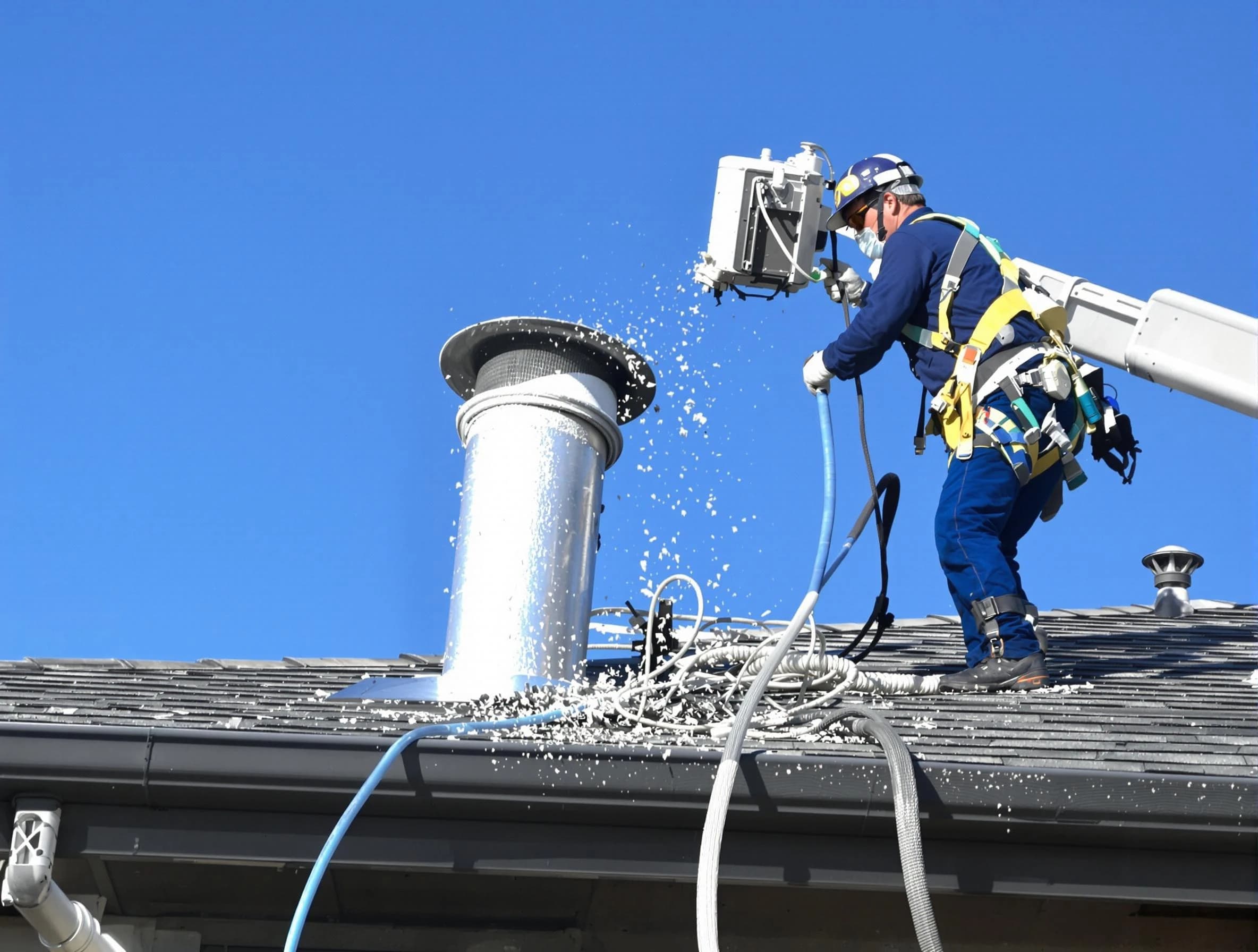 Lawrenceville Dryer Vent Cleaning certified technician safely cleaning a roof-mounted dryer vent in Lawrenceville