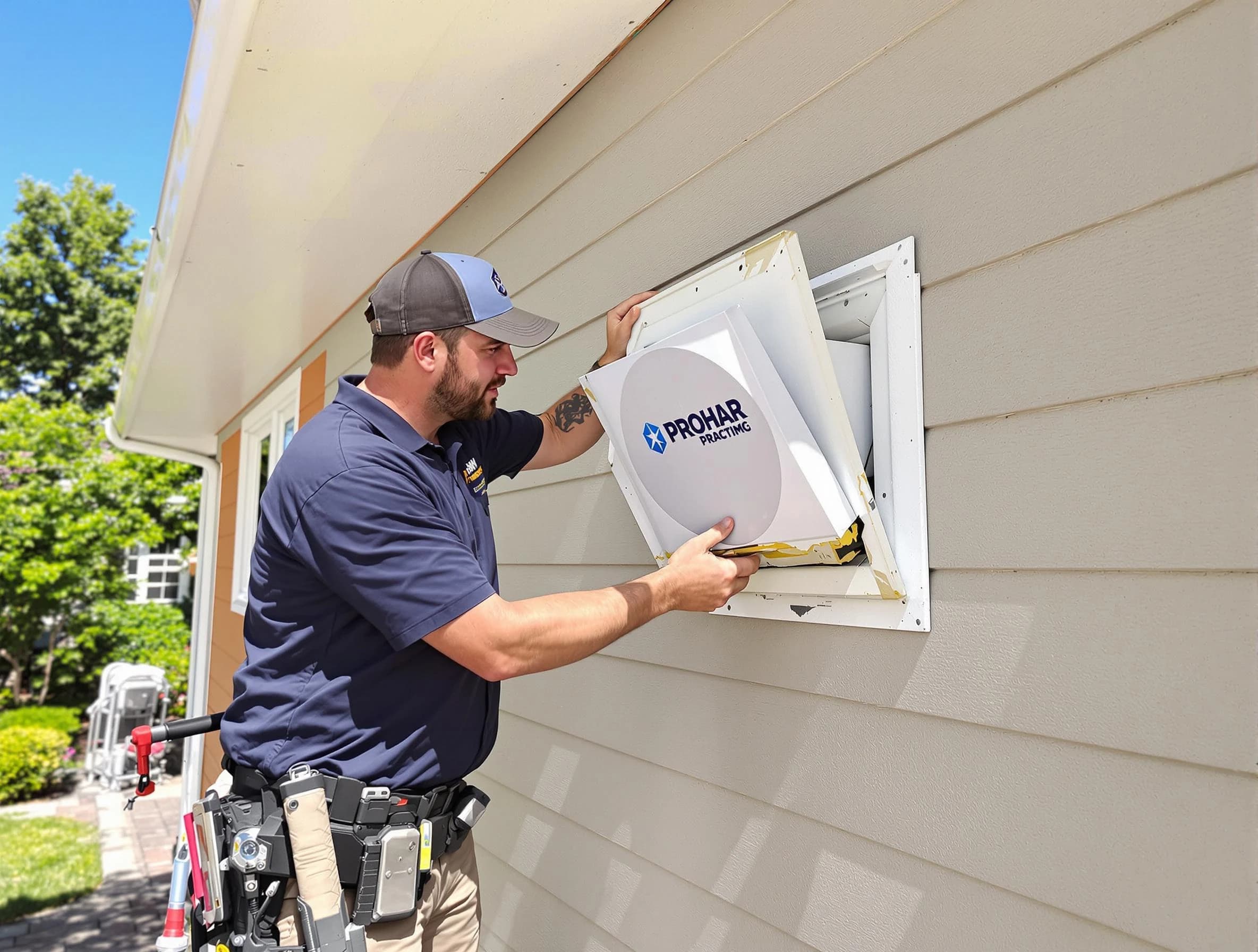 Lawrenceville Dryer Vent Cleaning technician installing a new protective dryer vent cover on a home in Lawrenceville