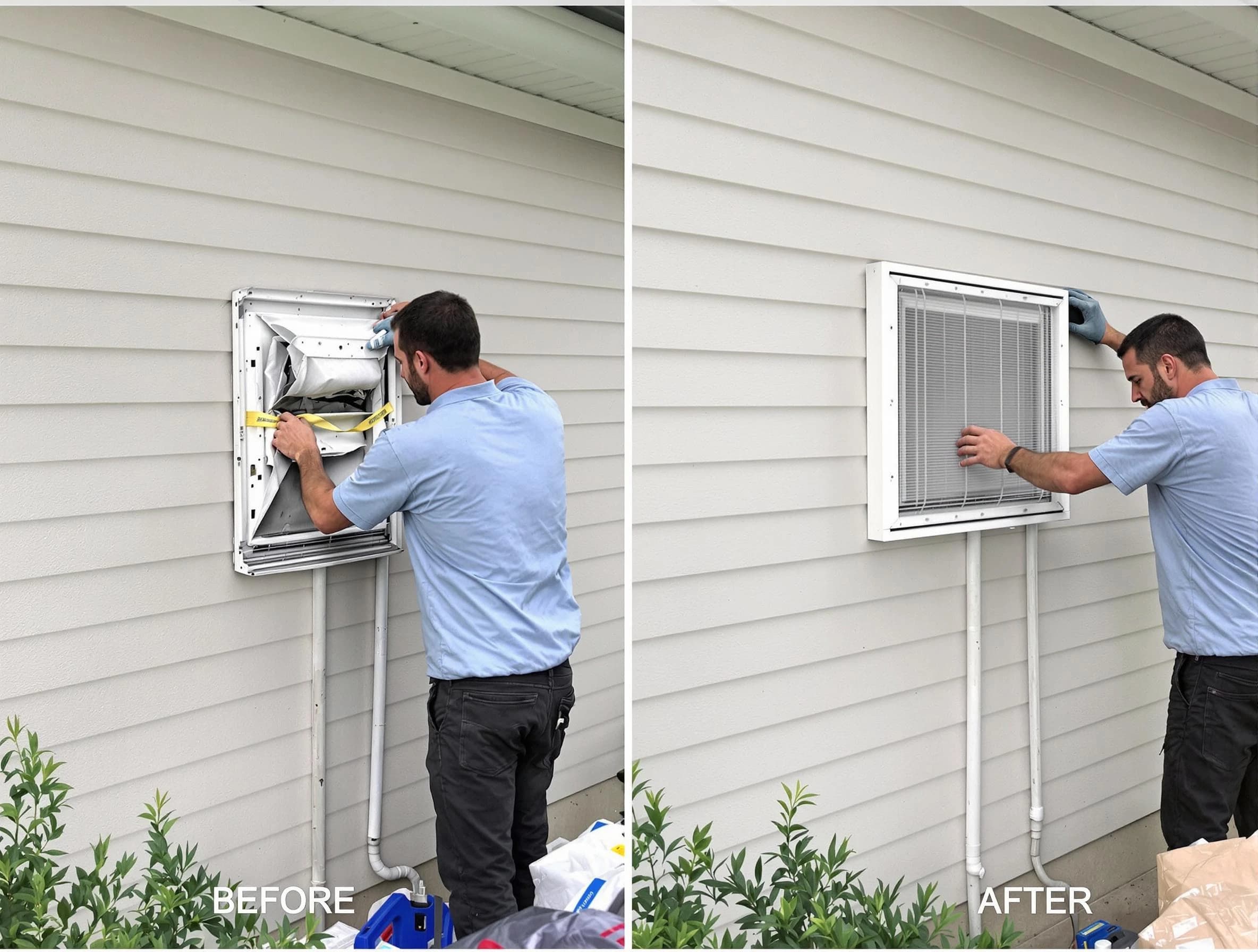 Lawrenceville Dryer Vent Cleaning technician installing high-quality dryer vent cover at a residential property in Lawrenceville