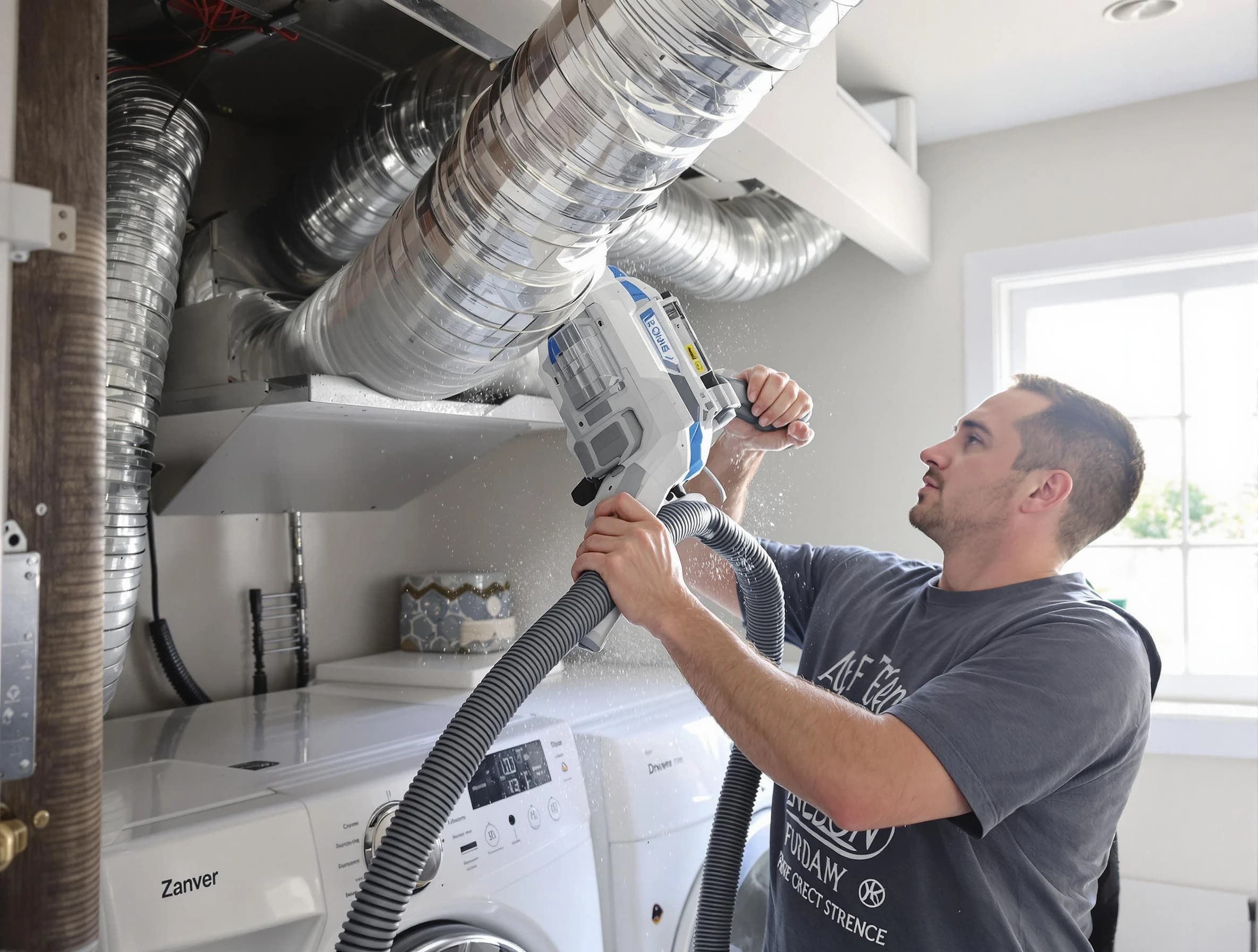 Lawrenceville Dryer Vent Cleaning specialist cleaning deep within a dryer vent duct system in Lawrenceville
